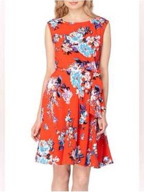 Tahari Red Floral Sleeveless Midi Dress with Self-Tie Waist